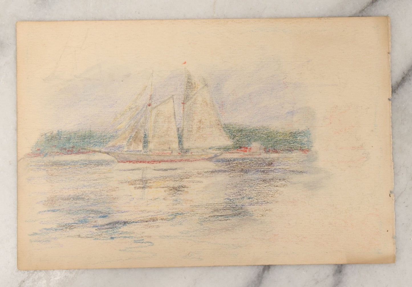 Lot 098 - Antique Unframed Double-Sided Colored Pencil Illustration On Paper Of Sailboat Against Shore, and Ink and Colored Pencil Illustration of House, Circa 1900