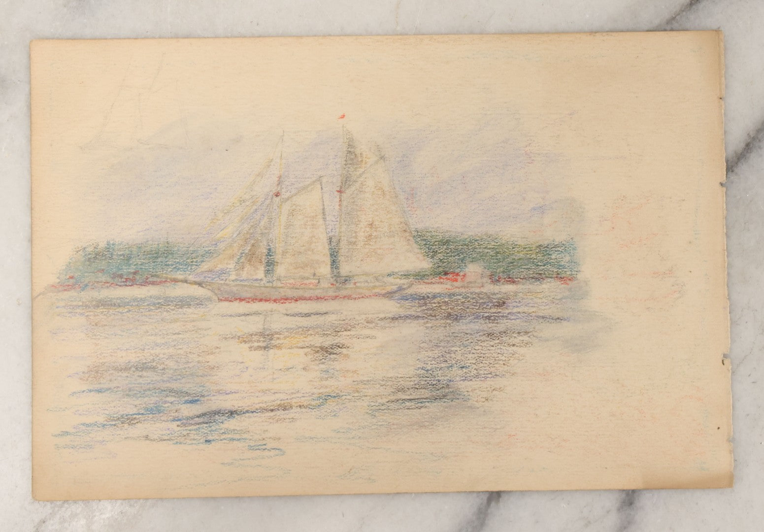 Lot 098 - Antique Unframed Double-Sided Colored Pencil Illustration On Paper Of Sailboat Against Shore, and Ink and Colored Pencil Illustration of House, Circa 1900