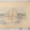 Lot 098 - Antique Unframed Double-Sided Colored Pencil Illustration On Paper Of Sailboat Against Shore, and Ink and Colored Pencil Illustration of House, Circa 1900