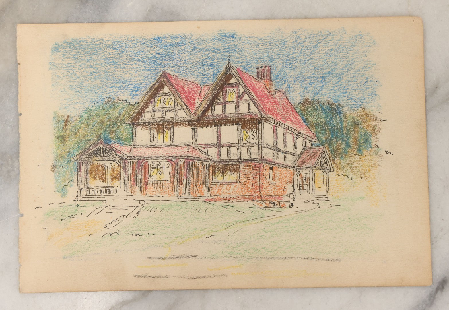 Lot 098 - Antique Unframed Double-Sided Colored Pencil Illustration On Paper Of Sailboat Against Shore, and Ink and Colored Pencil Illustration of House, Circa 1900
