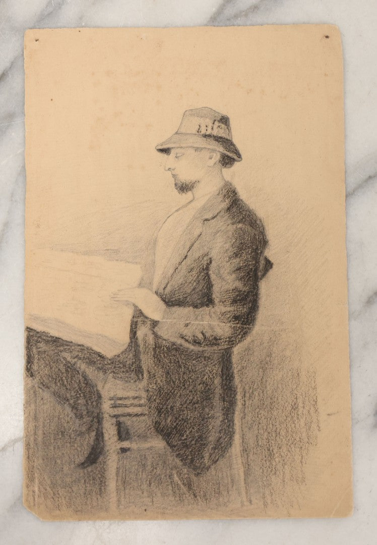Lot 099 - Antique Unframed Pencil Sketch Illustration On Paper Of Man In Bucket Hat Reading Newspaper, Circa 1900