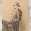 Lot 099 - Antique Unframed Pencil Sketch Illustration On Paper Of Man In Bucket Hat Reading Newspaper, Circa 1900
