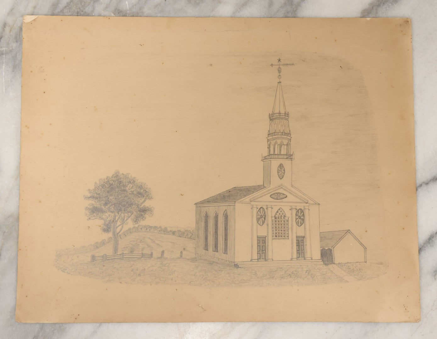 Lot 100 - Antique Unframed Pencil Sketch Illustration On Paper Of White Church With Tall Steeple, Church Grounds Circa 1880