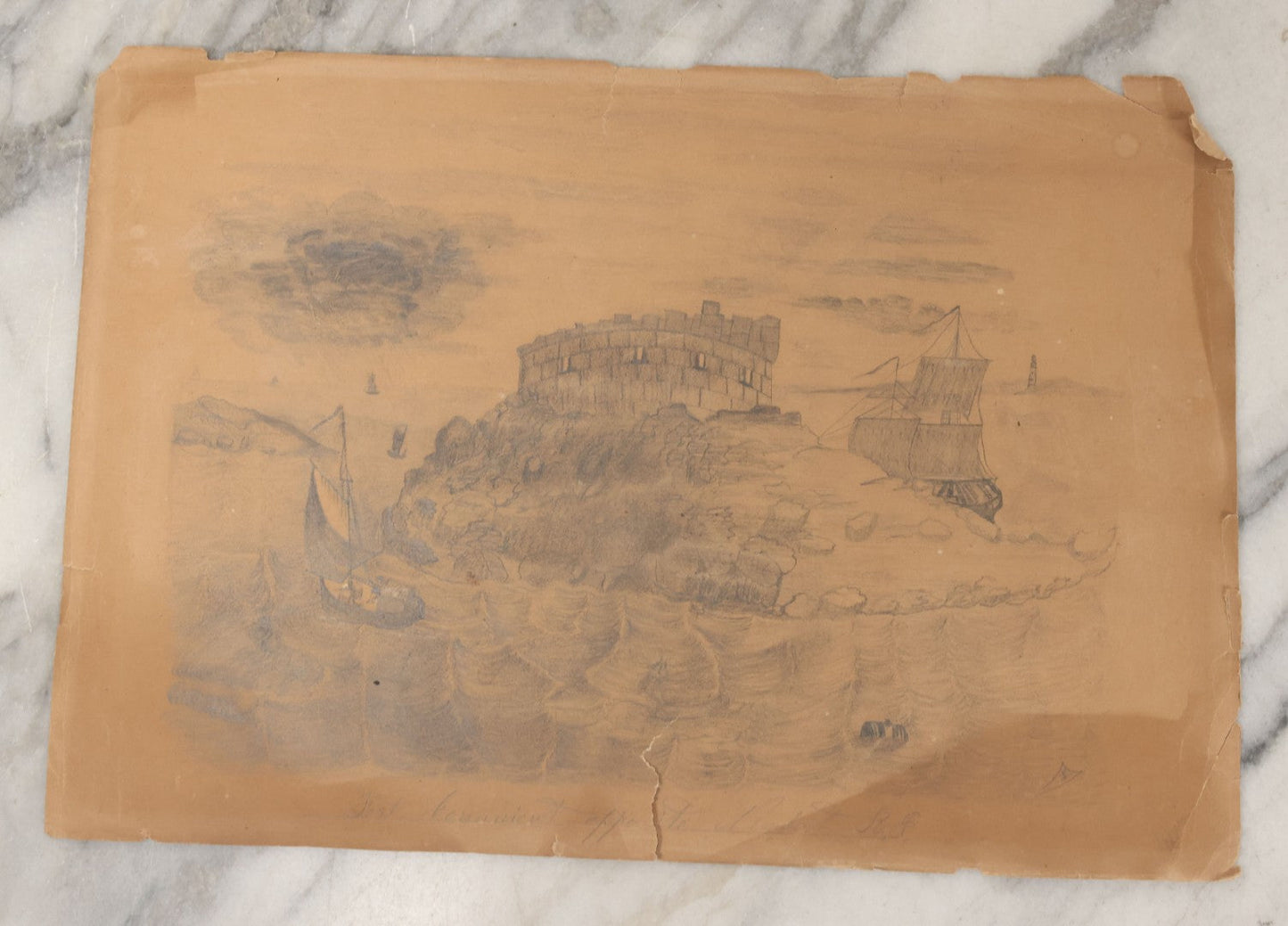 Lot 101 - Antique Unframed Pencil Sketch Illustration On Paper Of Fort Conanicut, Revolutionary Fort, Newport, Rhode Island, Circa 1820s