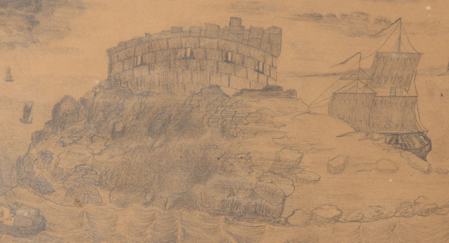 Lot 101 - Antique Unframed Pencil Sketch Illustration On Paper Of Fort Conanicut, Revolutionary Fort, Newport, Rhode Island, Circa 1820s