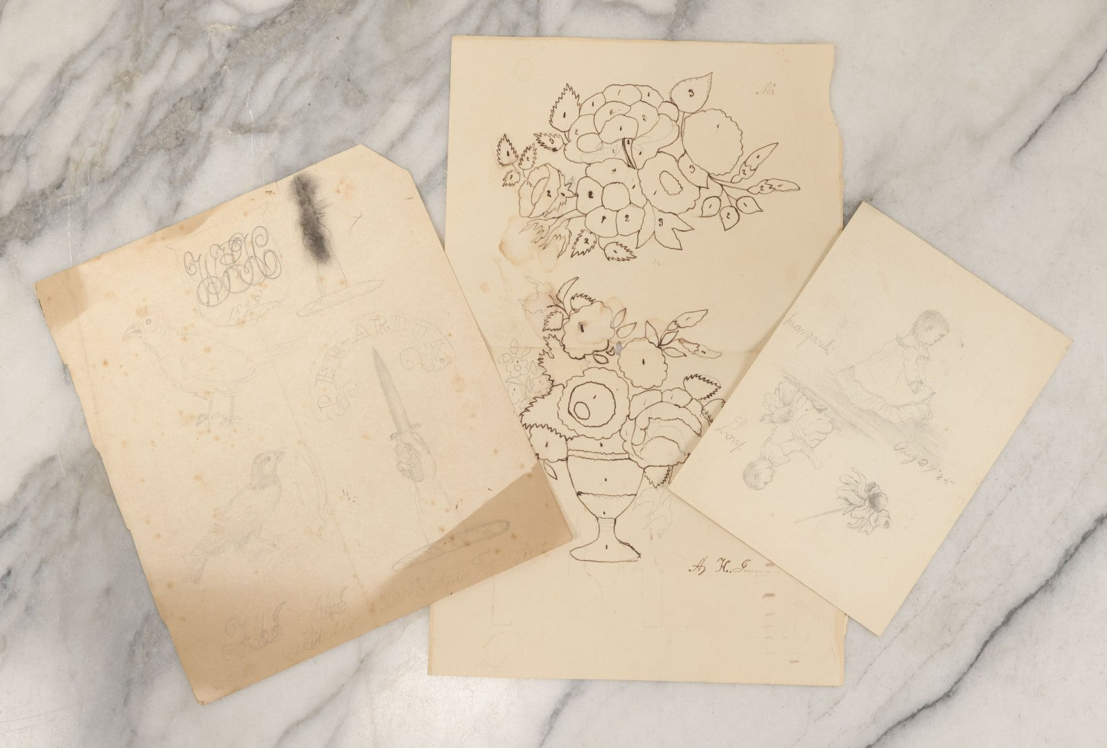 Lot 102 - Grouping Of Three Unframed Pencil And Pen Studies Including Family Crest, Flower Bouquet, And Little Girl, Circa 1885