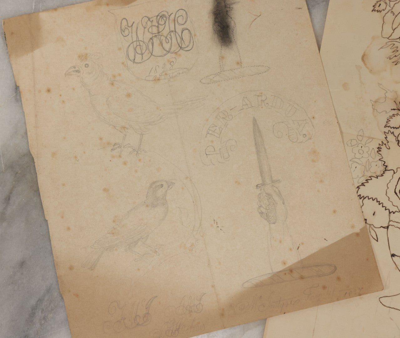 Lot 102 - Grouping Of Three Unframed Pencil And Pen Studies Including Family Crest, Flower Bouquet, And Little Girl, Circa 1885