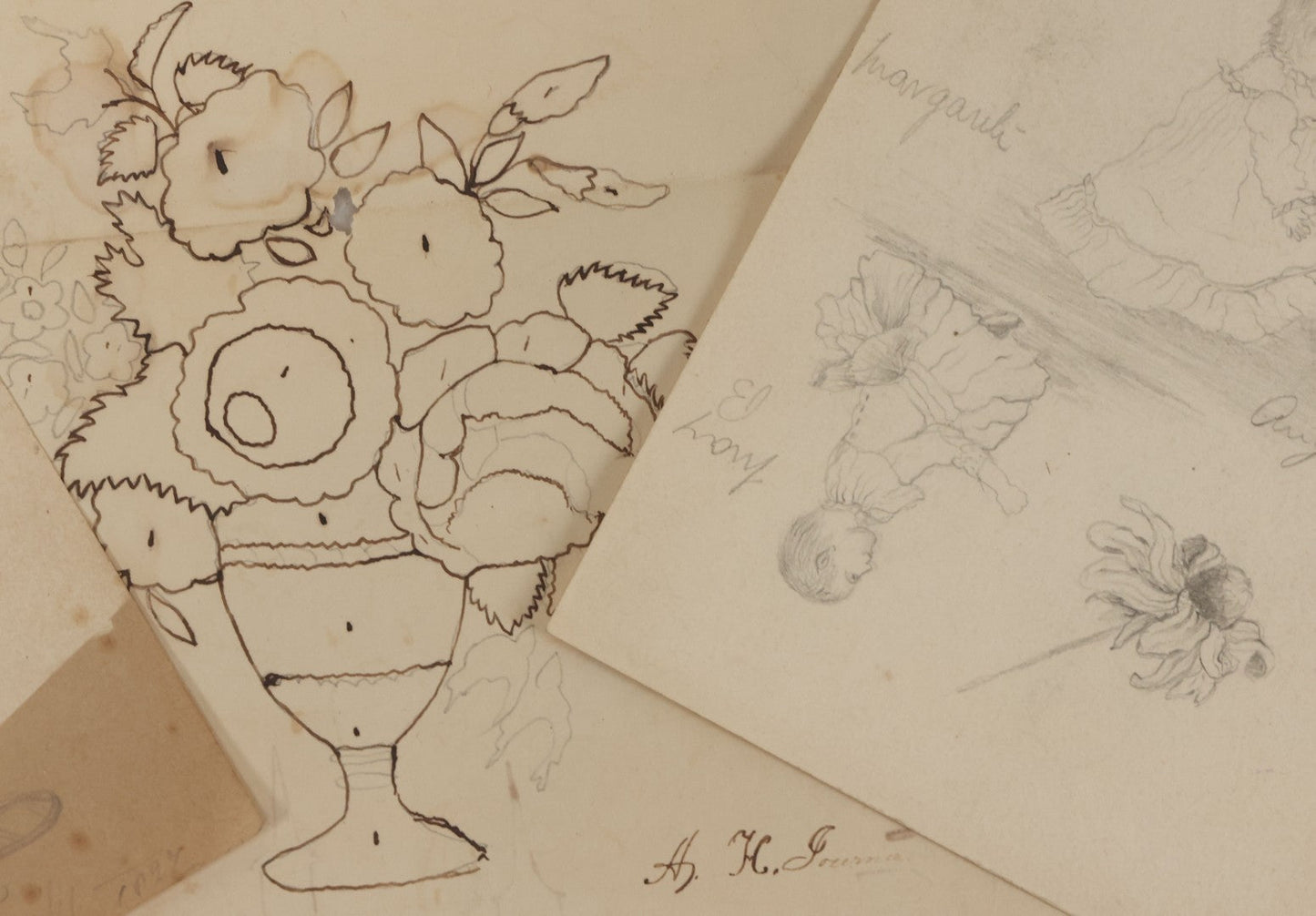 Lot 102 - Grouping Of Three Unframed Pencil And Pen Studies Including Family Crest, Flower Bouquet, And Little Girl, Circa 1885