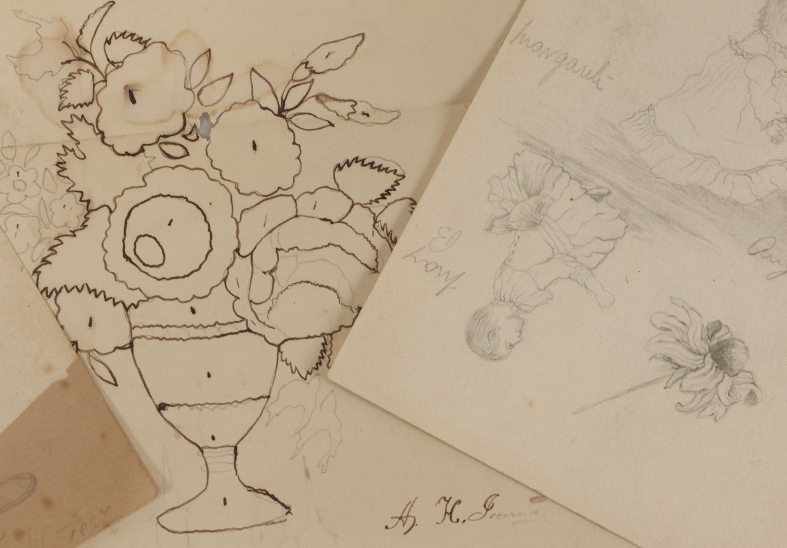 Lot 102 - Grouping Of Three Unframed Pencil And Pen Studies Including Family Crest, Flower Bouquet, And Little Girl, Circa 1885
