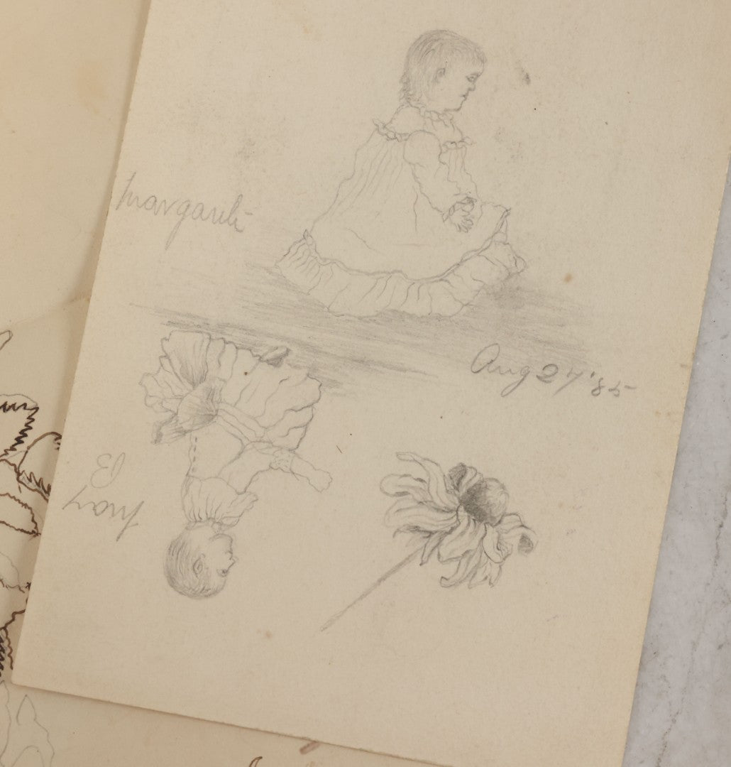 Lot 102 - Grouping Of Three Unframed Pencil And Pen Studies Including Family Crest, Flower Bouquet, And Little Girl, Circa 1885
