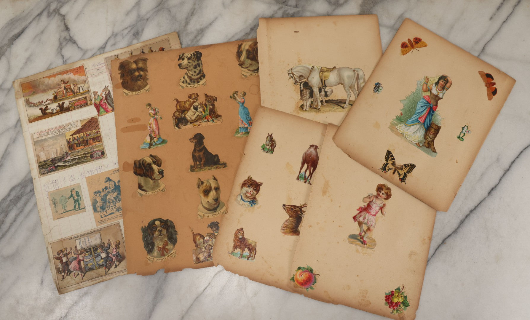 Lot 103 - Grouping Of Seven Antique Victorian Loose Scrapbook Pages With Various Die Cut Lithographed Scraps Mostly Of Pets Animals Dogs Cats Frogs Etc.