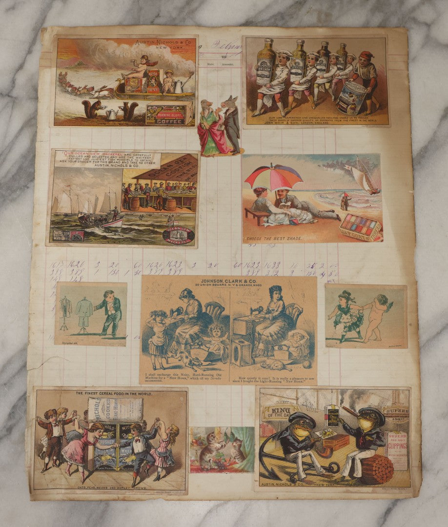 Lot 103 - Grouping Of Seven Antique Victorian Loose Scrapbook Pages With Various Die Cut Lithographed Scraps Mostly Of Pets Animals Dogs Cats Frogs Etc.