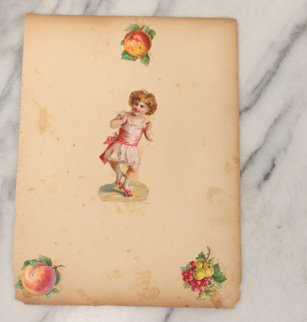 Lot 103 - Grouping Of Seven Antique Victorian Loose Scrapbook Pages With Various Die Cut Lithographed Scraps Mostly Of Pets Animals Dogs Cats Frogs Etc.