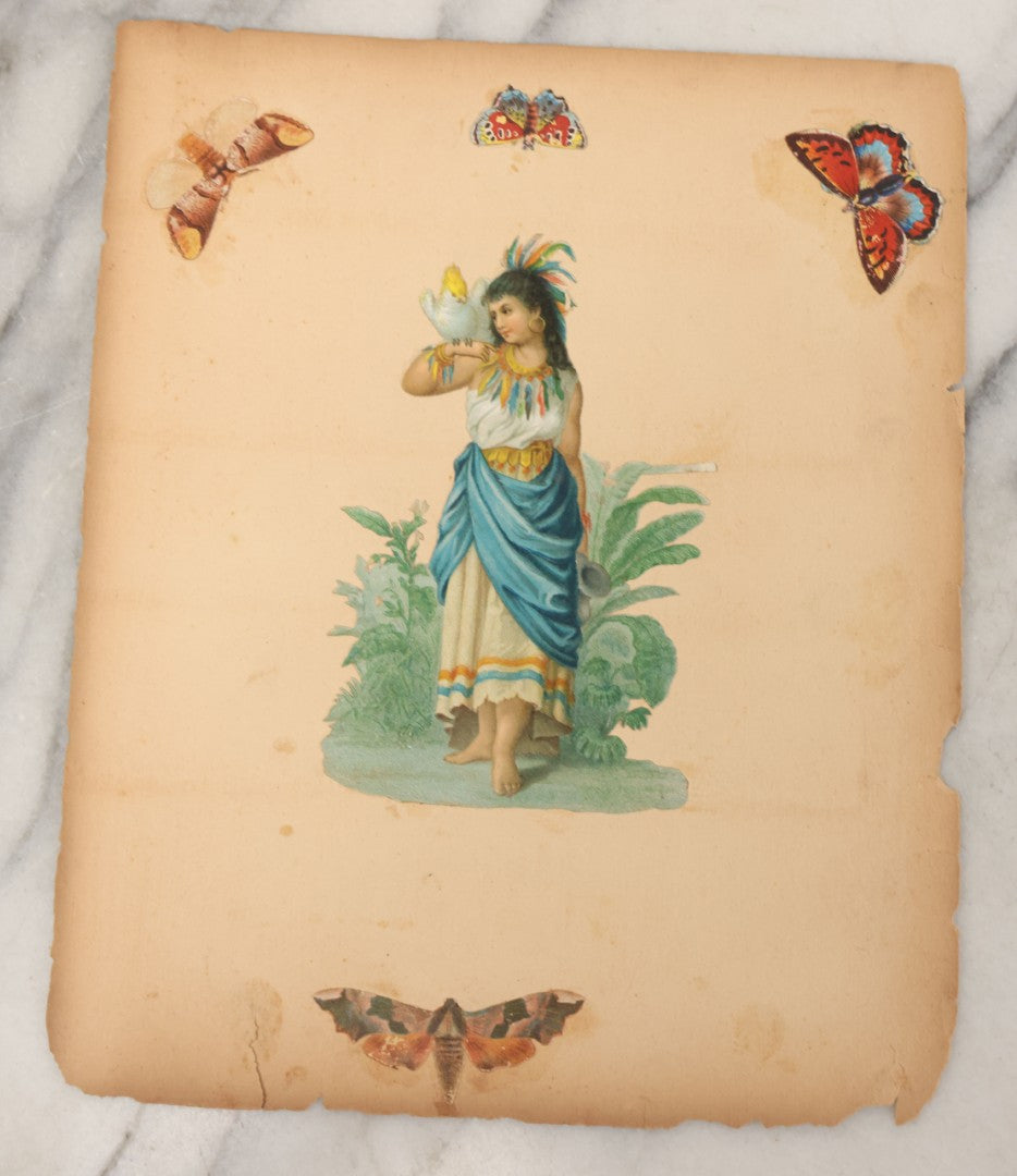 Lot 103 - Grouping Of Seven Antique Victorian Loose Scrapbook Pages With Various Die Cut Lithographed Scraps Mostly Of Pets Animals Dogs Cats Frogs Etc.