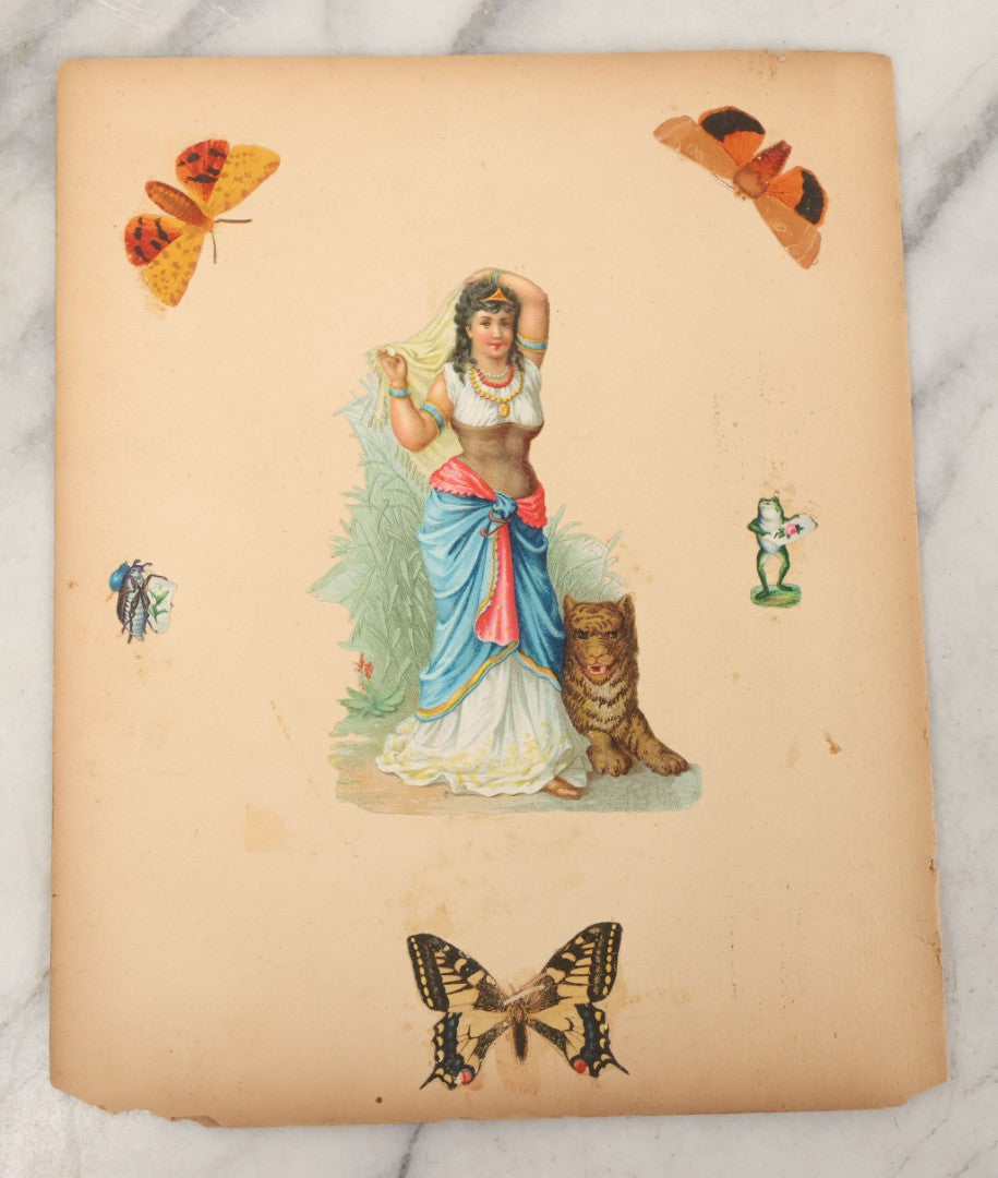 Lot 103 - Grouping Of Seven Antique Victorian Loose Scrapbook Pages With Various Die Cut Lithographed Scraps Mostly Of Pets Animals Dogs Cats Frogs Etc.