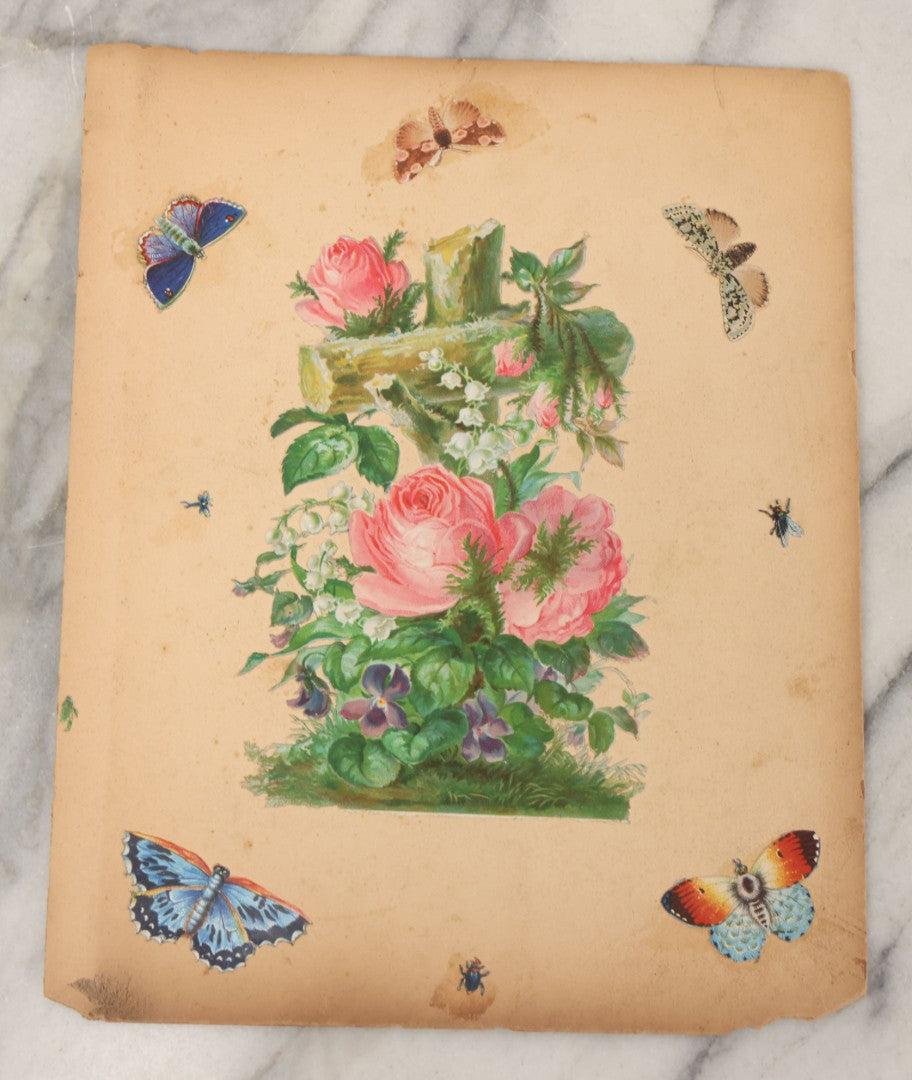 Lot 103 - Grouping Of Seven Antique Victorian Loose Scrapbook Pages With Various Die Cut Lithographed Scraps Mostly Of Pets Animals Dogs Cats Frogs Etc.