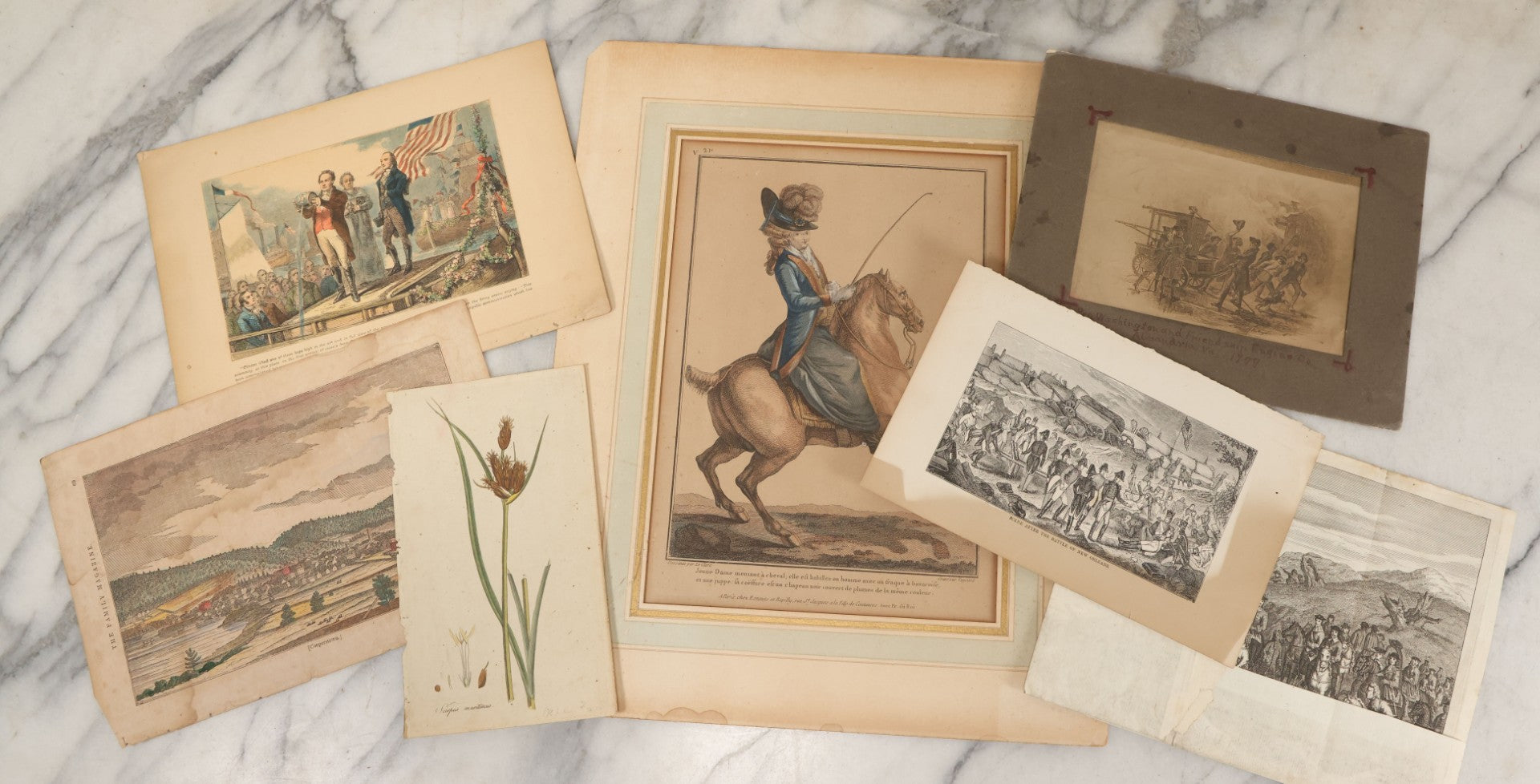 Lot 104 - Grouping Of Seven Antique Loose Engraving Prints Some Hand Colored, Including Battle Of Edge Hill, Cooperstown, New York, Botanical, Early Fire Brigade, And More