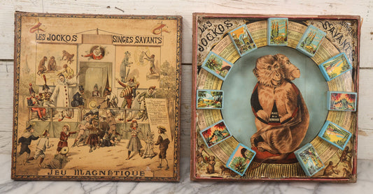 Lot 002 - Antique French Magnetic Board Game "Les Jockos Singes Savants: Jeu Magnétique" ("The Learned Monkeys") C.1895, Lithographed Box Art By Léon Charles Ludovic, Incomplete, Worn
