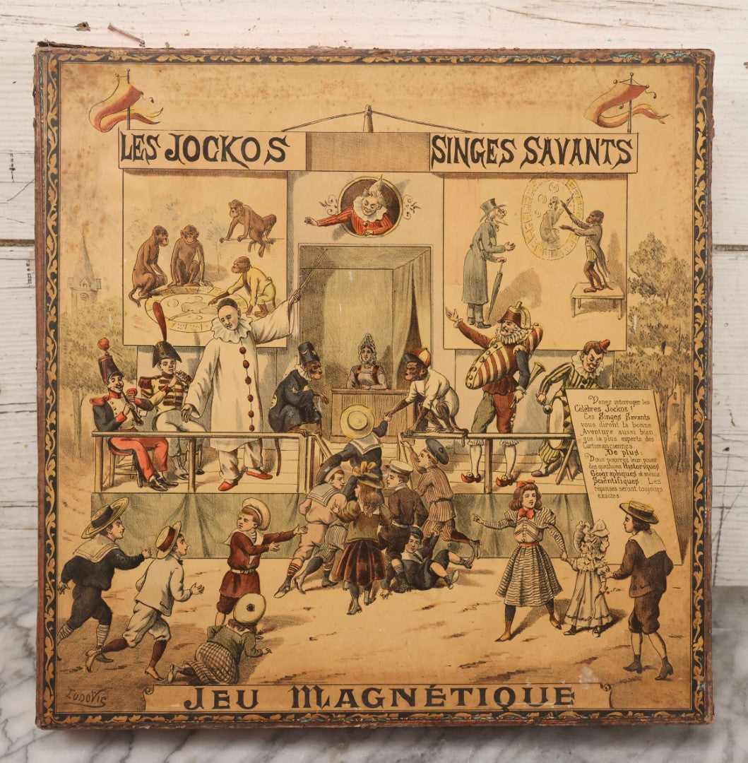 Lot 002 - Antique French Magnetic Board Game "Les Jockos Singes Savants: Jeu Magnétique" ("The Learned Monkeys") C.1895, Lithographed Box Art By Léon Charles Ludovic, Incomplete, Worn