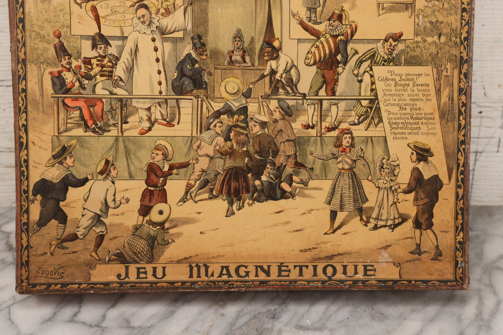 Lot 002 - Antique French Magnetic Board Game "Les Jockos Singes Savants: Jeu Magnétique" ("The Learned Monkeys") C.1895, Lithographed Box Art By Léon Charles Ludovic, Incomplete, Worn