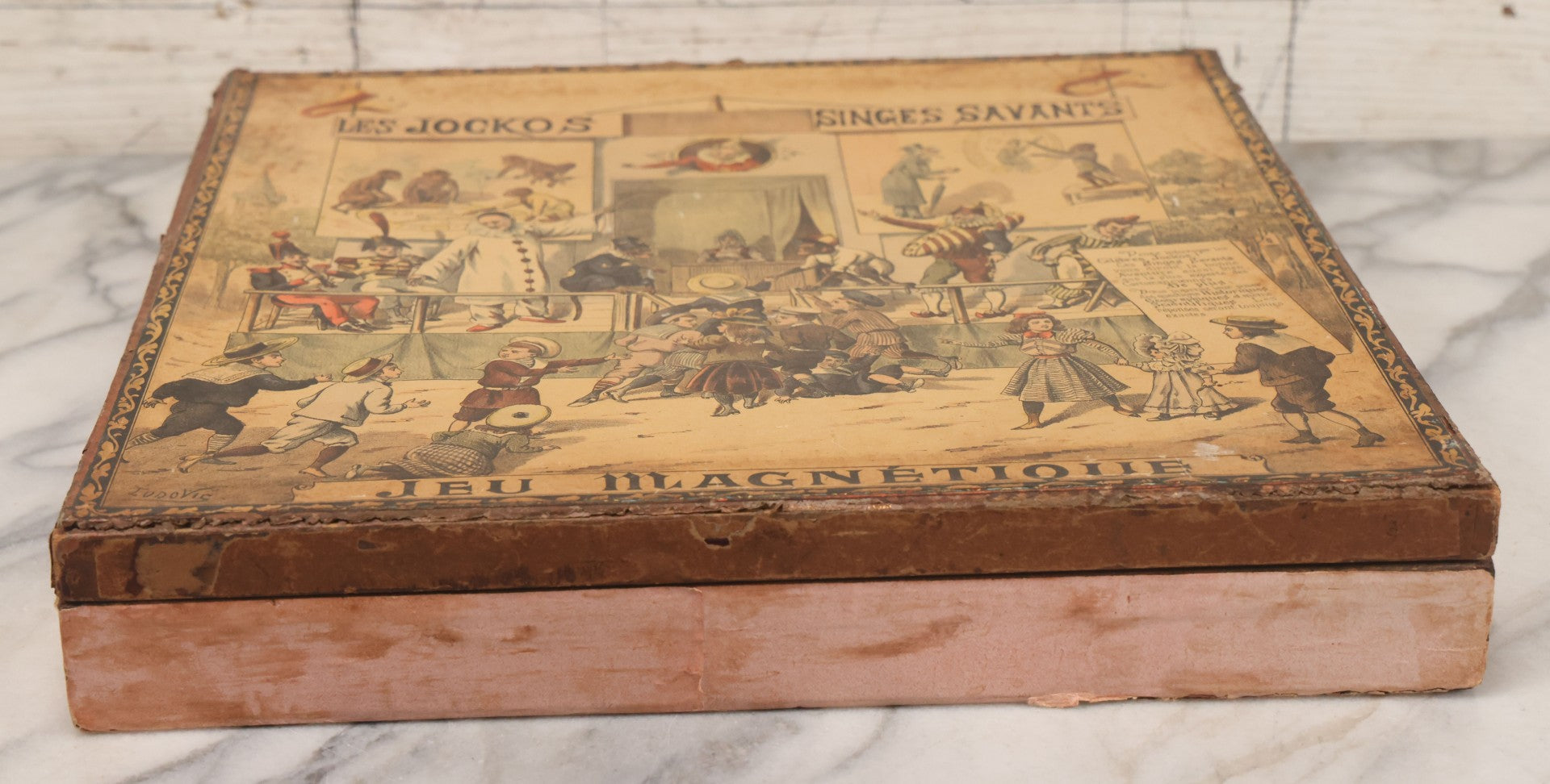 Lot 002 - Antique French Magnetic Board Game "Les Jockos Singes Savants: Jeu Magnétique" ("The Learned Monkeys") C.1895, Lithographed Box Art By Léon Charles Ludovic, Incomplete, Worn