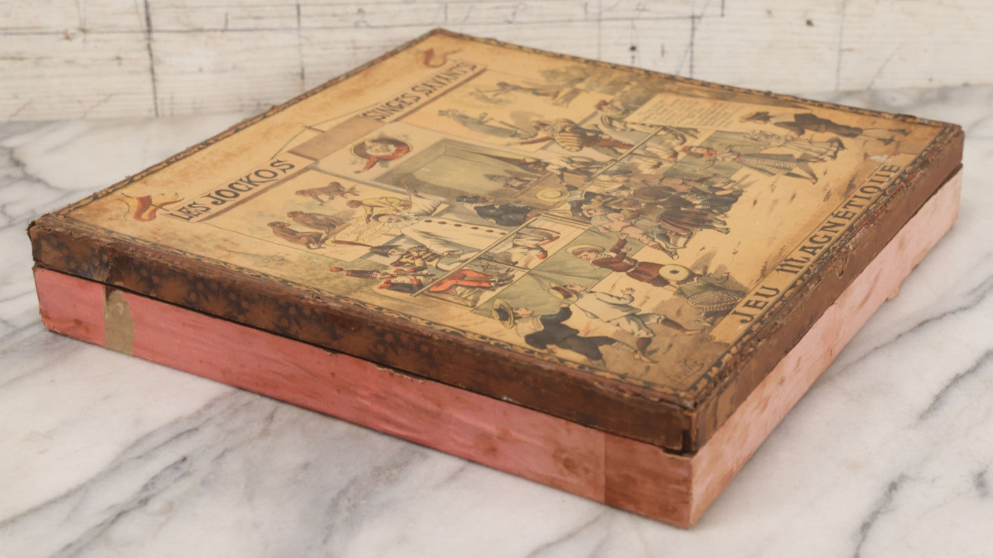Lot 002 - Antique French Magnetic Board Game "Les Jockos Singes Savants: Jeu Magnétique" ("The Learned Monkeys") C.1895, Lithographed Box Art By Léon Charles Ludovic, Incomplete, Worn