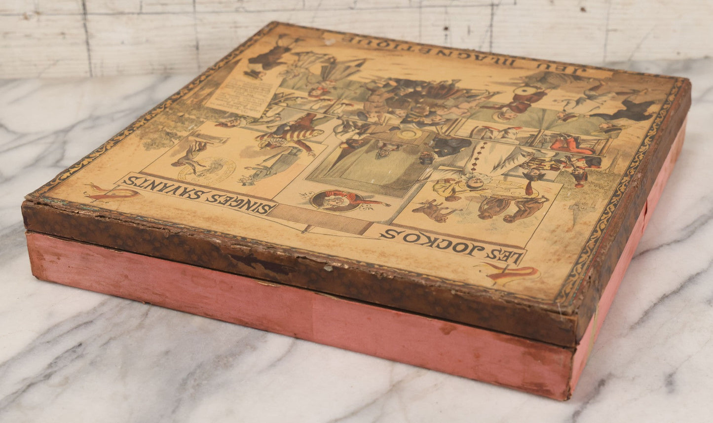 Lot 002 - Antique French Magnetic Board Game "Les Jockos Singes Savants: Jeu Magnétique" ("The Learned Monkeys") C.1895, Lithographed Box Art By Léon Charles Ludovic, Incomplete, Worn