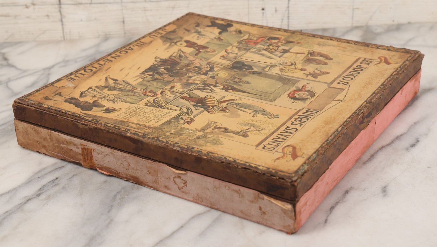 Lot 002 - Antique French Magnetic Board Game "Les Jockos Singes Savants: Jeu Magnétique" ("The Learned Monkeys") C.1895, Lithographed Box Art By Léon Charles Ludovic, Incomplete, Worn