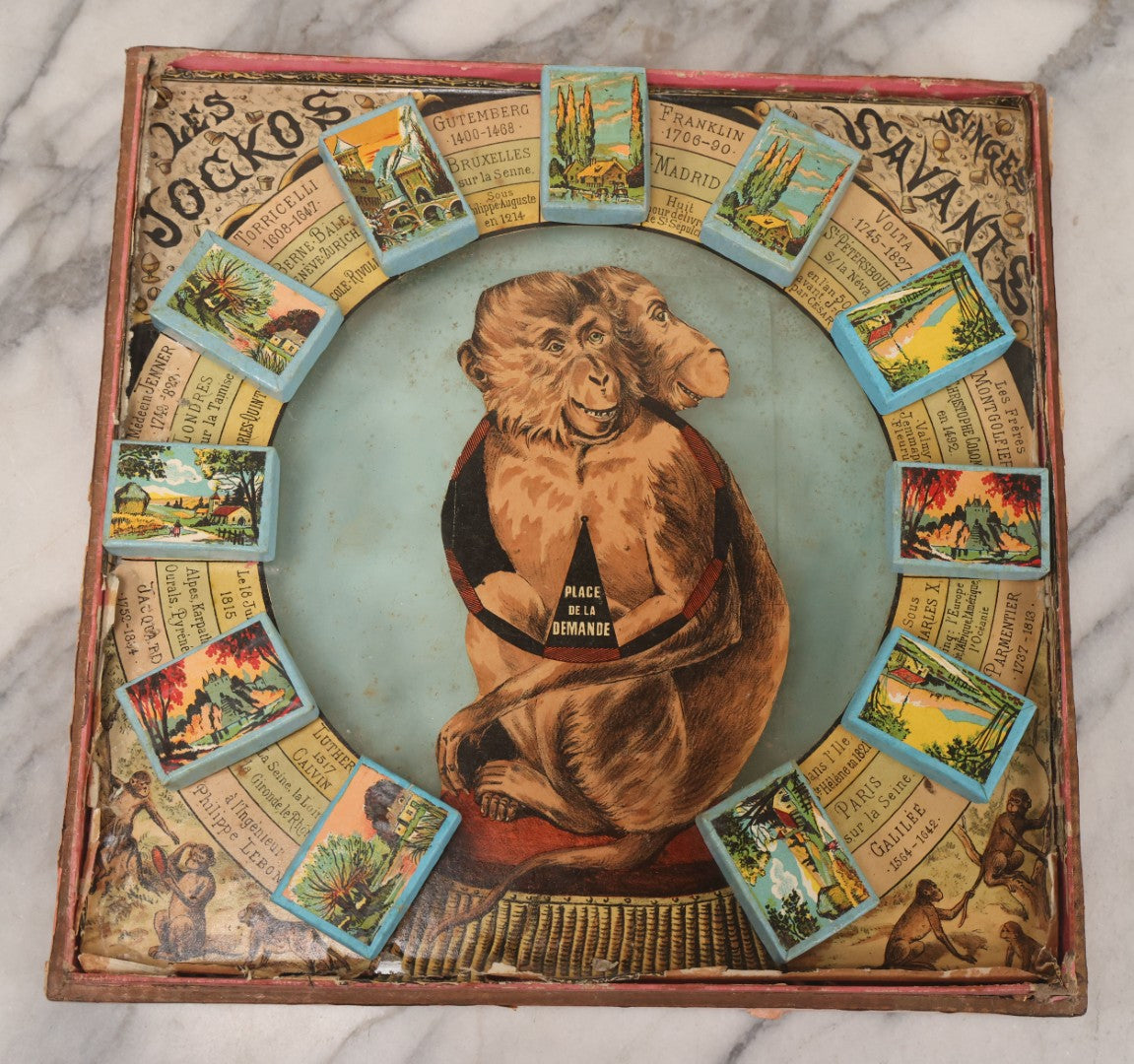 Lot 002 - Antique French Magnetic Board Game "Les Jockos Singes Savants: Jeu Magnétique" ("The Learned Monkeys") C.1895, Lithographed Box Art By Léon Charles Ludovic, Incomplete, Worn