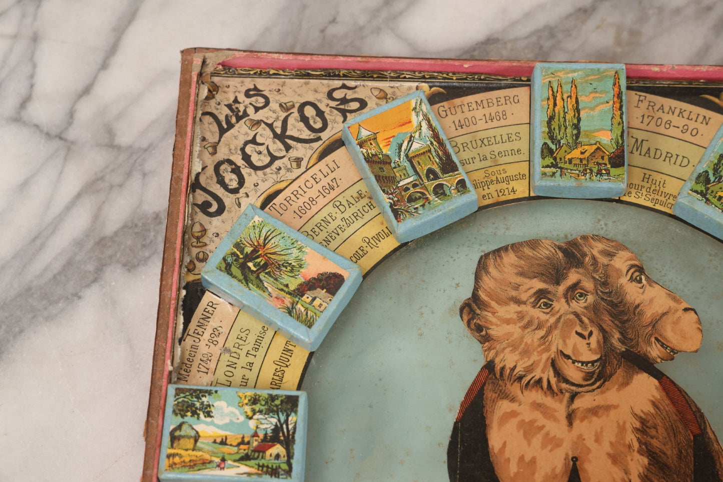 Lot 002 - Antique French Magnetic Board Game "Les Jockos Singes Savants: Jeu Magnétique" ("The Learned Monkeys") C.1895, Lithographed Box Art By Léon Charles Ludovic, Incomplete, Worn