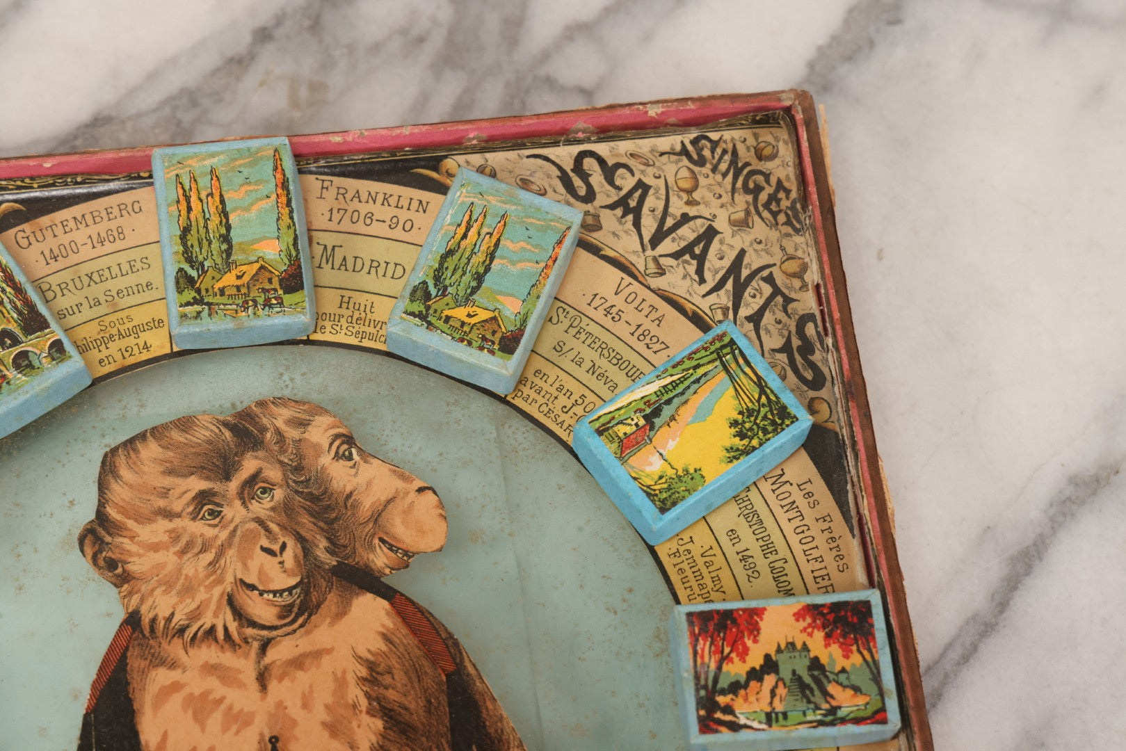 Lot 002 - Antique French Magnetic Board Game "Les Jockos Singes Savants: Jeu Magnétique" ("The Learned Monkeys") C.1895, Lithographed Box Art By Léon Charles Ludovic, Incomplete, Worn