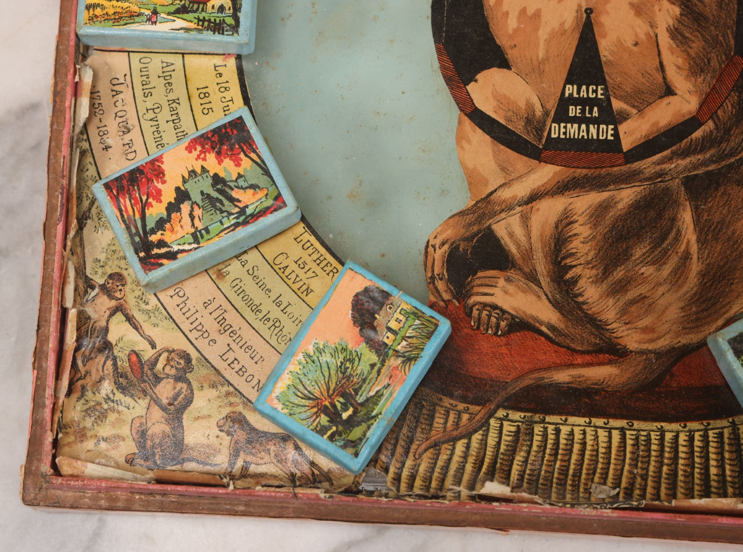Lot 002 - Antique French Magnetic Board Game "Les Jockos Singes Savants: Jeu Magnétique" ("The Learned Monkeys") C.1895, Lithographed Box Art By Léon Charles Ludovic, Incomplete, Worn