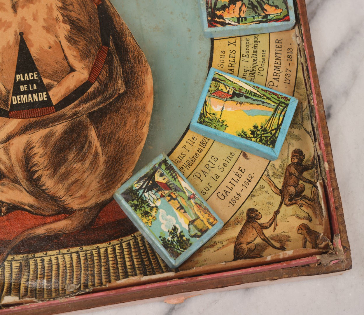 Lot 002 - Antique French Magnetic Board Game "Les Jockos Singes Savants: Jeu Magnétique" ("The Learned Monkeys") C.1895, Lithographed Box Art By Léon Charles Ludovic, Incomplete, Worn