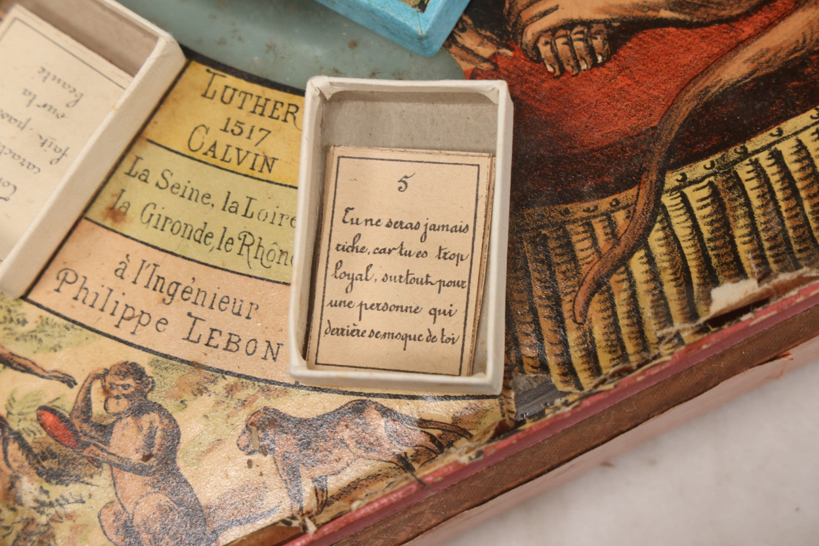 Lot 002 - Antique French Magnetic Board Game "Les Jockos Singes Savants: Jeu Magnétique" ("The Learned Monkeys") C.1895, Lithographed Box Art By Léon Charles Ludovic, Incomplete, Worn