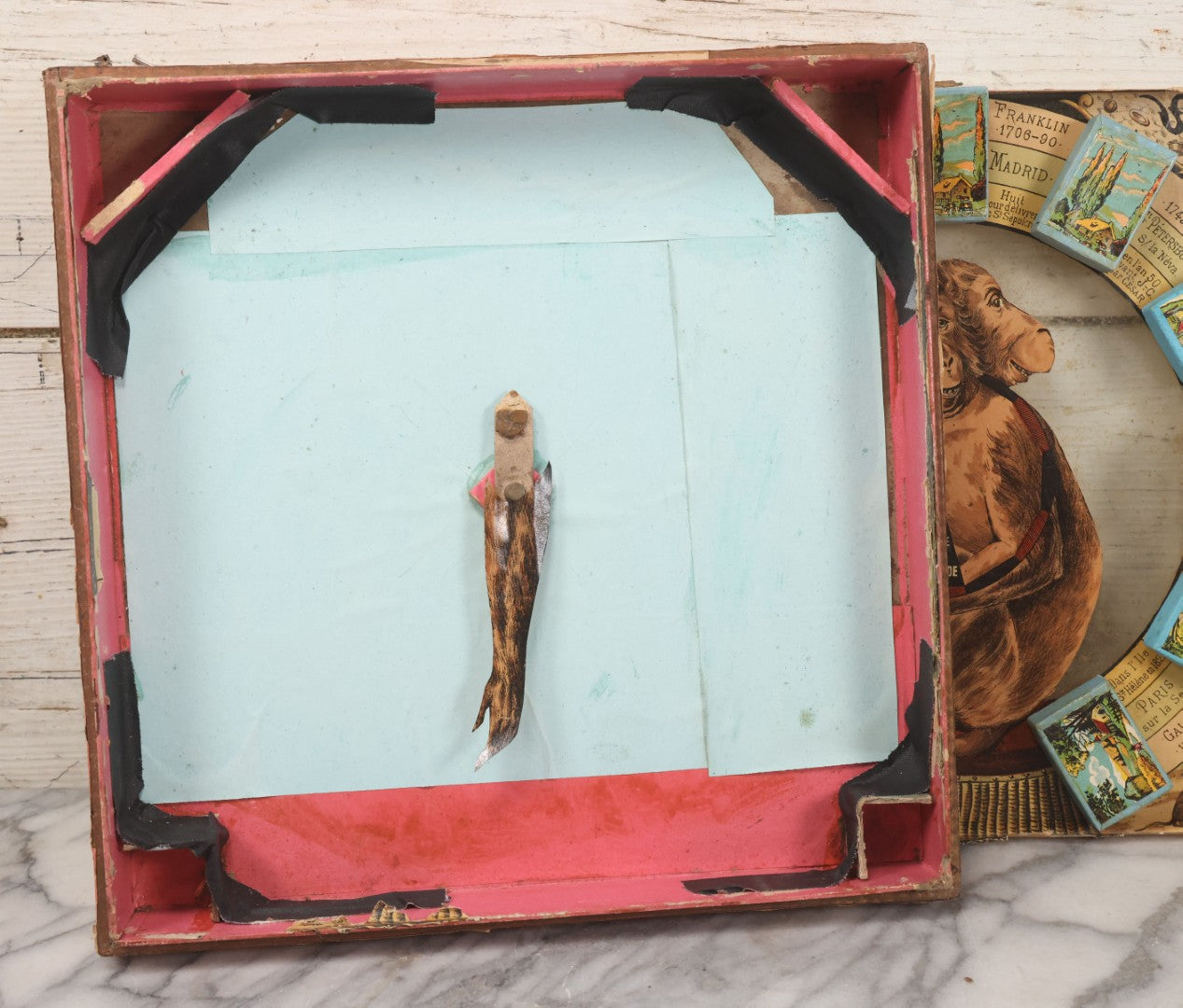 Lot 002 - Antique French Magnetic Board Game "Les Jockos Singes Savants: Jeu Magnétique" ("The Learned Monkeys") C.1895, Lithographed Box Art By Léon Charles Ludovic, Incomplete, Worn