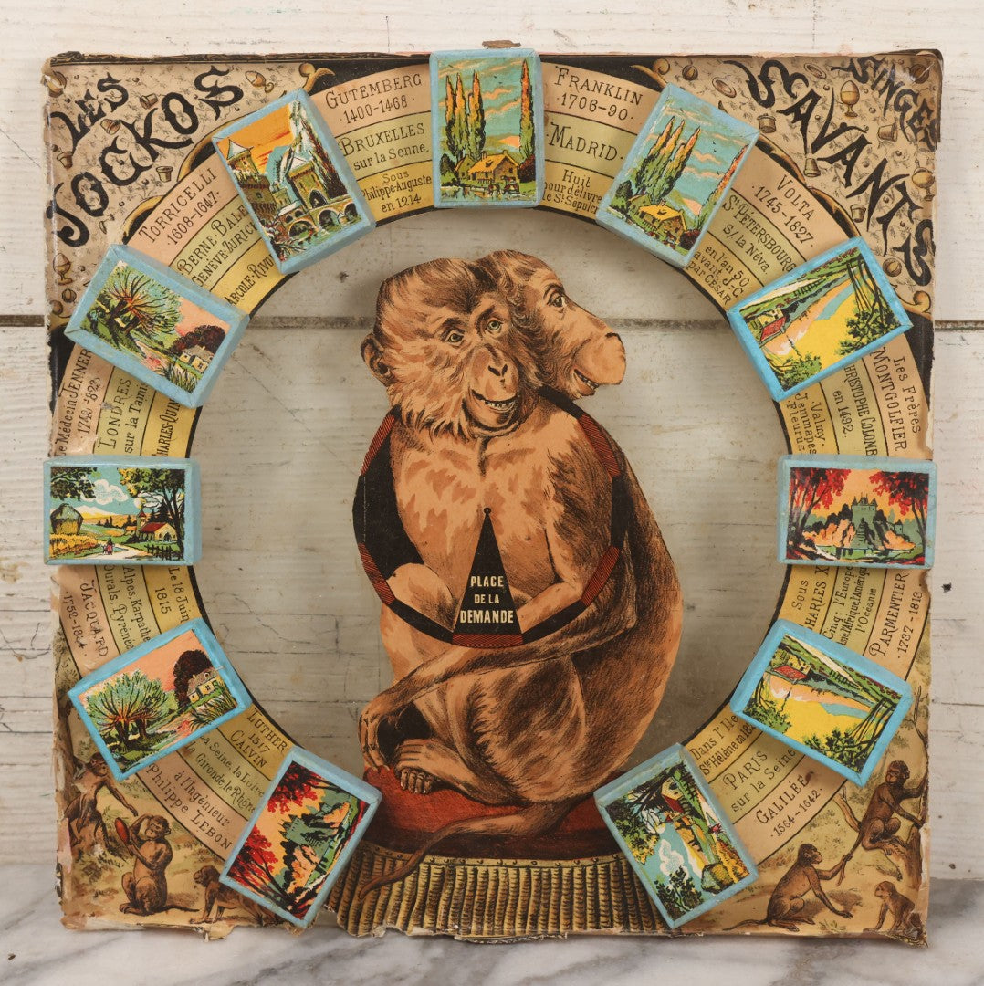 Lot 002 - Antique French Magnetic Board Game "Les Jockos Singes Savants: Jeu Magnétique" ("The Learned Monkeys") C.1895, Lithographed Box Art By Léon Charles Ludovic, Incomplete, Worn