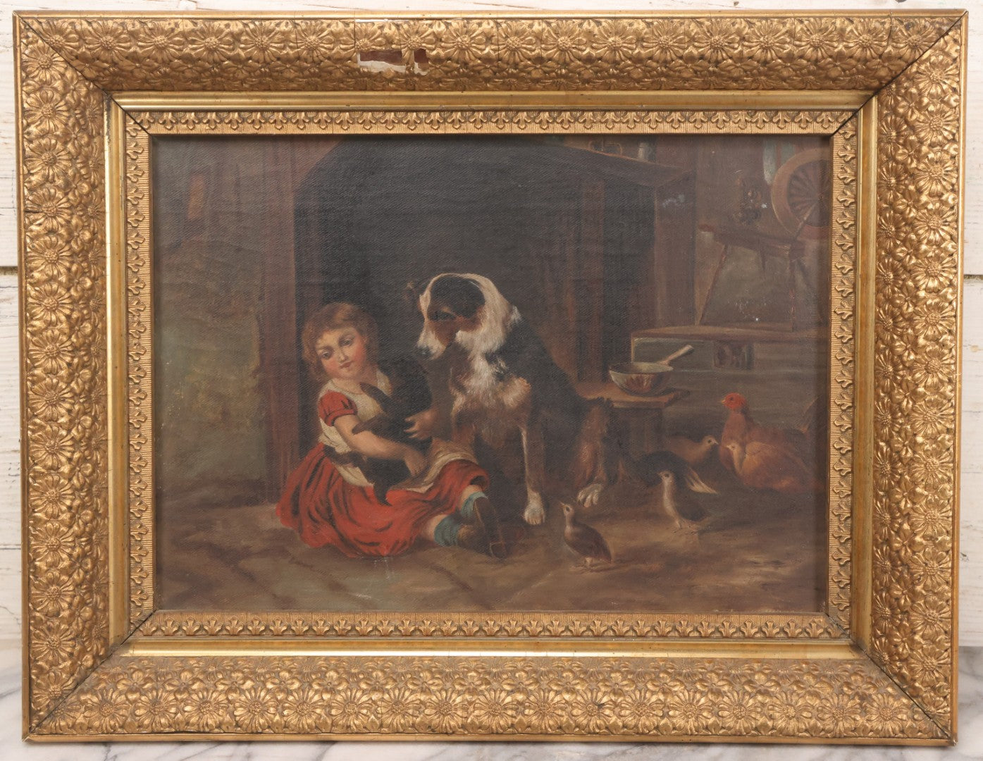 Lot 004 - Antique Oil On Canvas Painting Of Young Girl In Red Dress Holding Puppy With Dog, Spinning Wheel, Birds, In Original Wood Backed Ornate Gesso Gold Painted Frame, Note Frame Losses, 18-1/2" x 14-3/4"