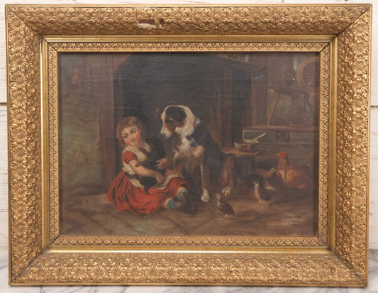 Lot 004 - Antique Oil On Canvas Painting Of Young Girl In Red Dress Holding Puppy With Dog, Spinning Wheel, Birds, In Original Wood Backed Ornate Gesso Gold Painted Frame, Note Frame Losses, 18-1/2" x 14-3/4"