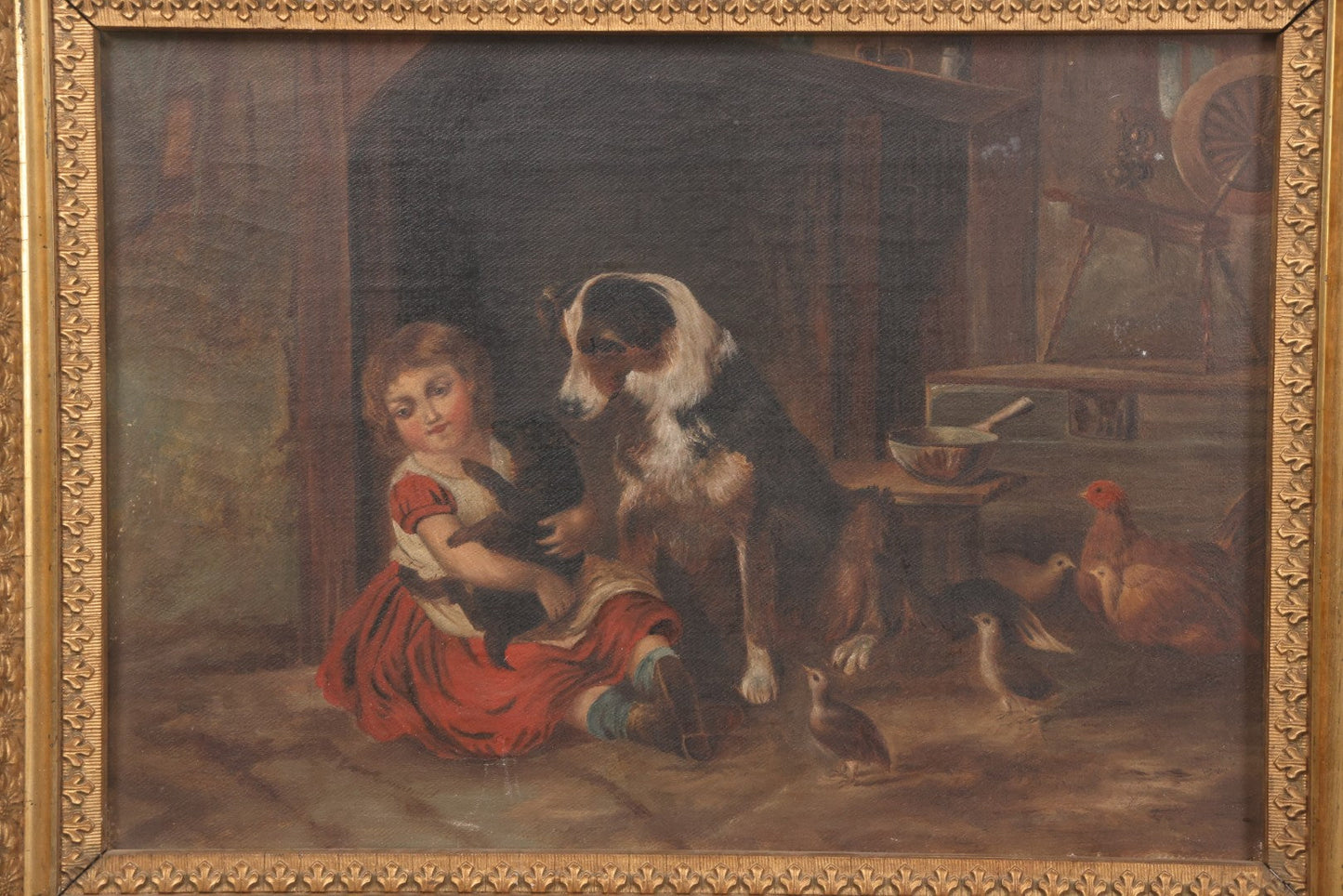 Lot 004 - Antique Oil On Canvas Painting Of Young Girl In Red Dress Holding Puppy With Dog, Spinning Wheel, Birds, In Original Wood Backed Ornate Gesso Gold Painted Frame, Note Frame Losses, 18-1/2" x 14-3/4"