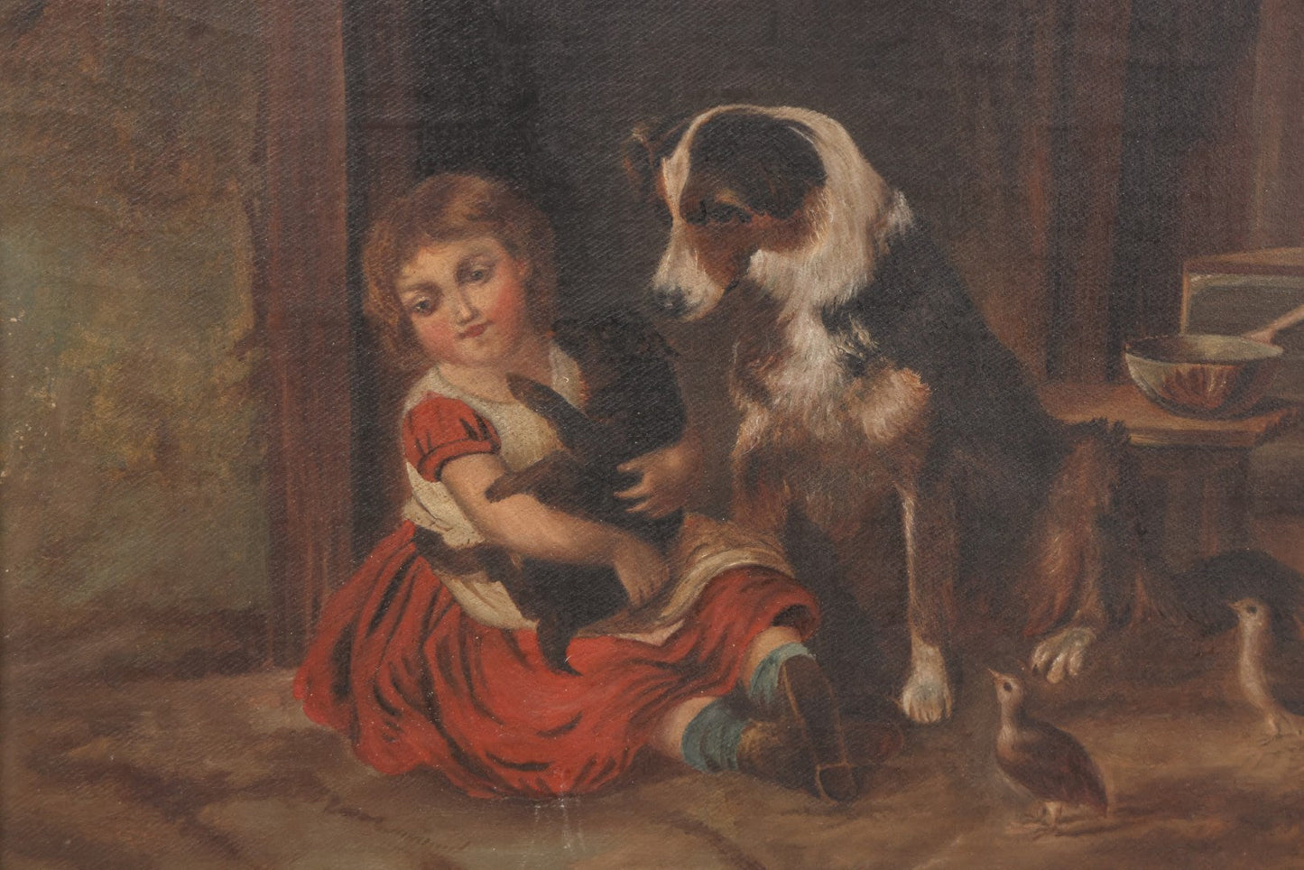 Lot 004 - Antique Oil On Canvas Painting Of Young Girl In Red Dress Holding Puppy With Dog, Spinning Wheel, Birds, In Original Wood Backed Ornate Gesso Gold Painted Frame, Note Frame Losses, 18-1/2" x 14-3/4"