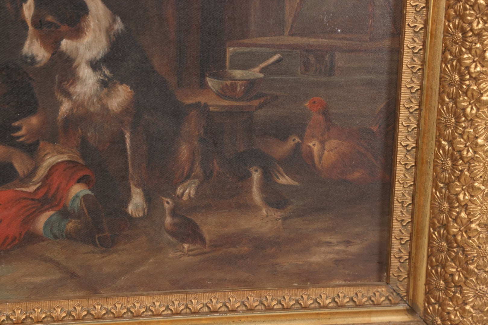 Lot 004 - Antique Oil On Canvas Painting Of Young Girl In Red Dress Holding Puppy With Dog, Spinning Wheel, Birds, In Original Wood Backed Ornate Gesso Gold Painted Frame, Note Frame Losses, 18-1/2" x 14-3/4"