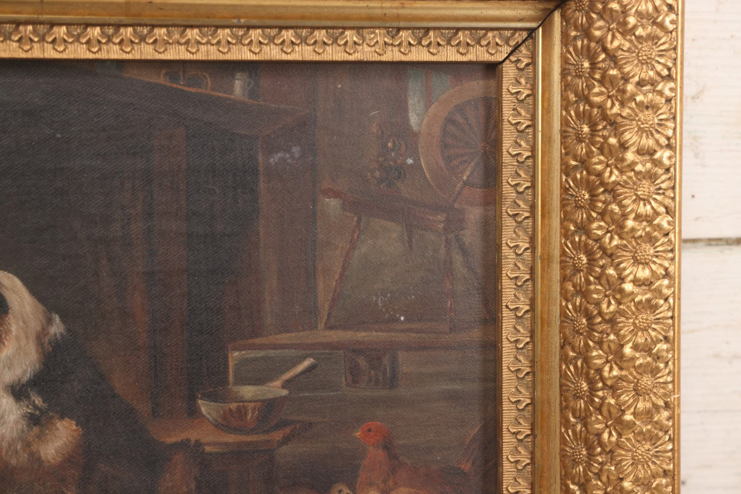 Lot 004 - Antique Oil On Canvas Painting Of Young Girl In Red Dress Holding Puppy With Dog, Spinning Wheel, Birds, In Original Wood Backed Ornate Gesso Gold Painted Frame, Note Frame Losses, 18-1/2" x 14-3/4"