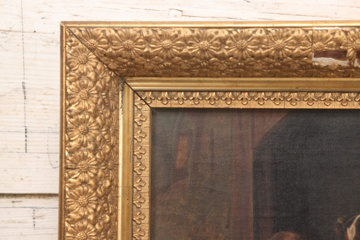 Lot 004 - Antique Oil On Canvas Painting Of Young Girl In Red Dress Holding Puppy With Dog, Spinning Wheel, Birds, In Original Wood Backed Ornate Gesso Gold Painted Frame, Note Frame Losses, 18-1/2" x 14-3/4"