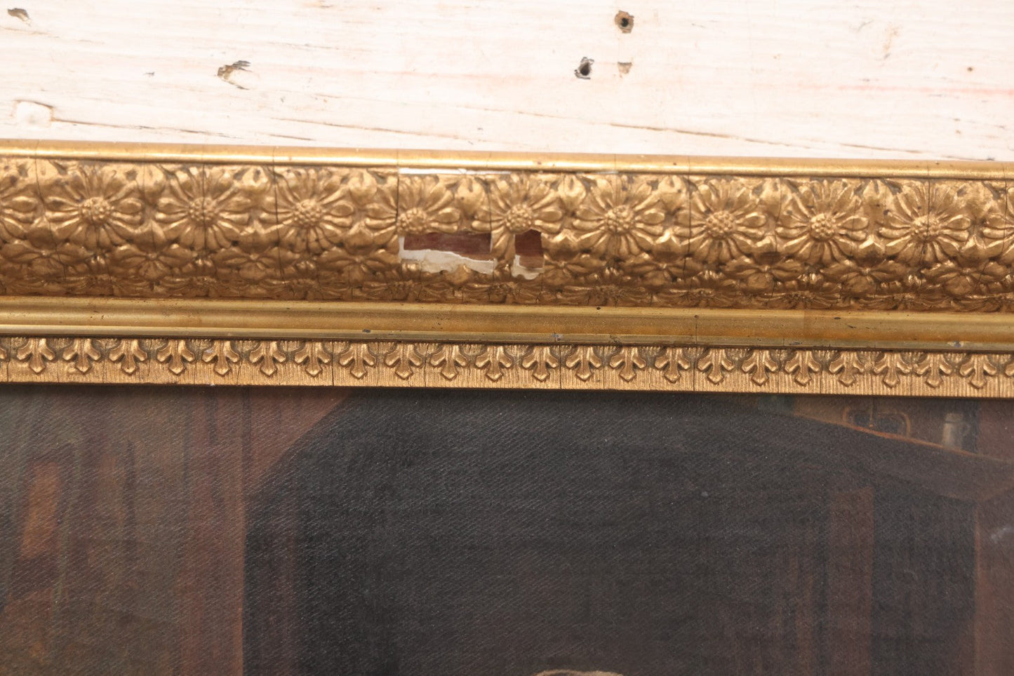 Lot 004 - Antique Oil On Canvas Painting Of Young Girl In Red Dress Holding Puppy With Dog, Spinning Wheel, Birds, In Original Wood Backed Ornate Gesso Gold Painted Frame, Note Frame Losses, 18-1/2" x 14-3/4"