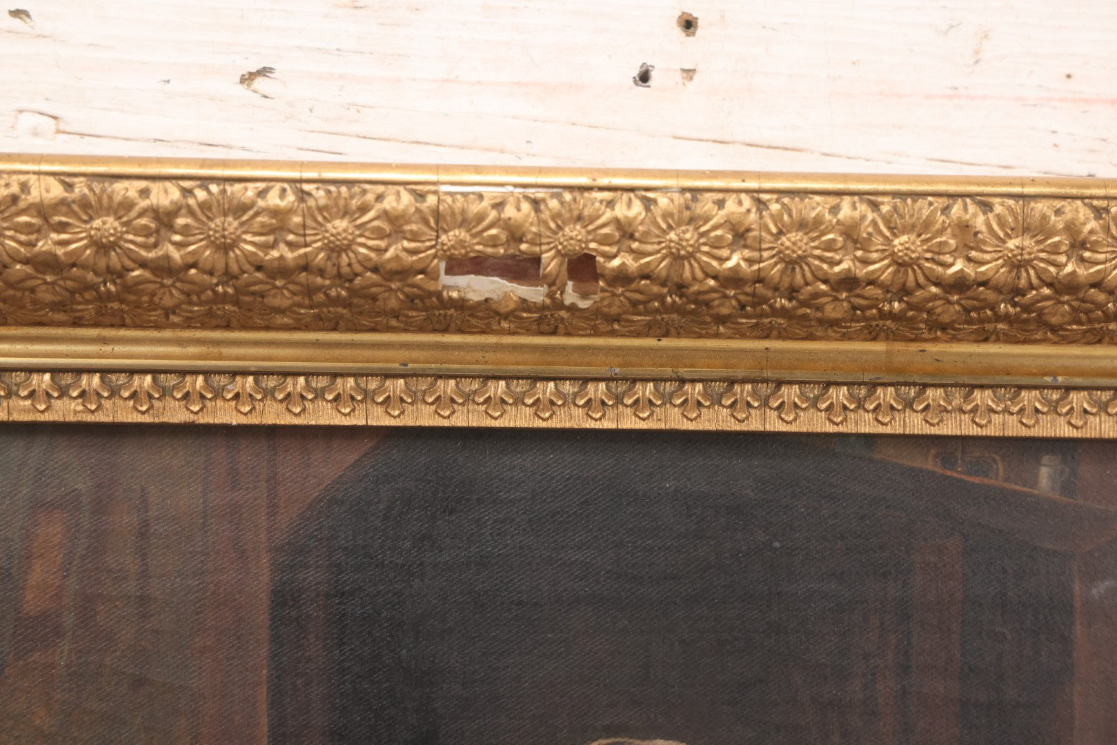 Lot 004 - Antique Oil On Canvas Painting Of Young Girl In Red Dress Holding Puppy With Dog, Spinning Wheel, Birds, In Original Wood Backed Ornate Gesso Gold Painted Frame, Note Frame Losses, 18-1/2" x 14-3/4"