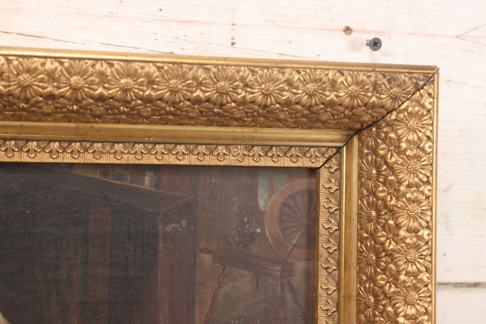 Lot 004 - Antique Oil On Canvas Painting Of Young Girl In Red Dress Holding Puppy With Dog, Spinning Wheel, Birds, In Original Wood Backed Ornate Gesso Gold Painted Frame, Note Frame Losses, 18-1/2" x 14-3/4"