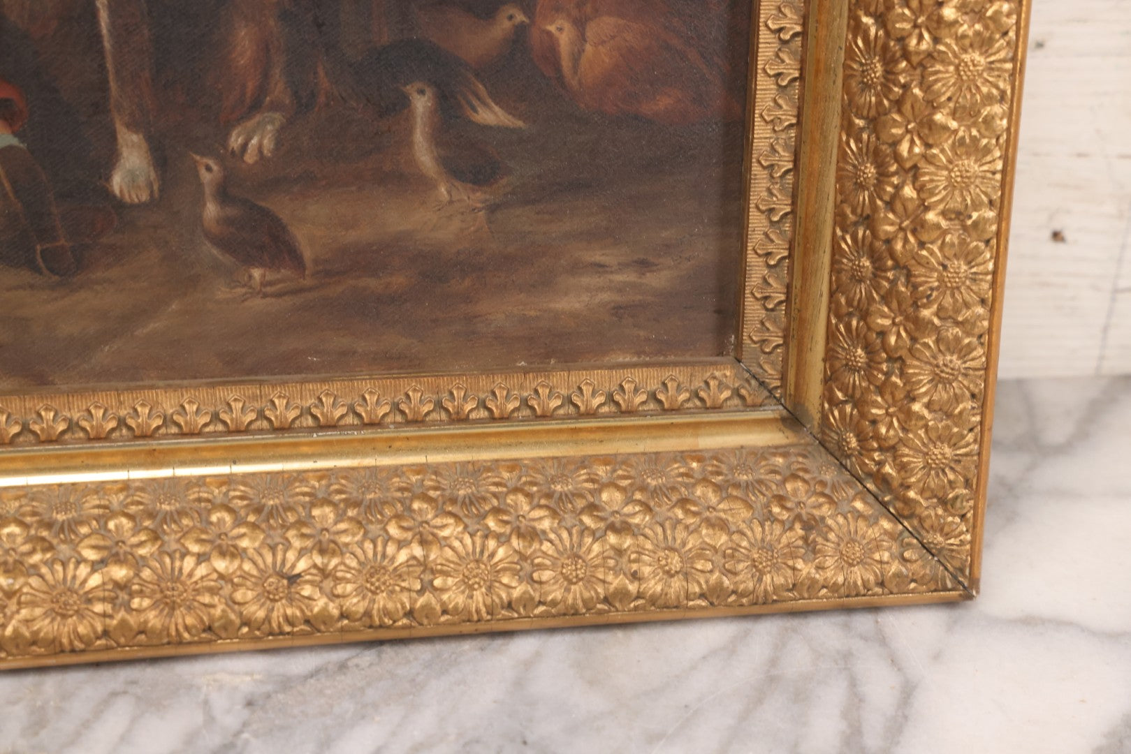 Lot 004 - Antique Oil On Canvas Painting Of Young Girl In Red Dress Holding Puppy With Dog, Spinning Wheel, Birds, In Original Wood Backed Ornate Gesso Gold Painted Frame, Note Frame Losses, 18-1/2" x 14-3/4"