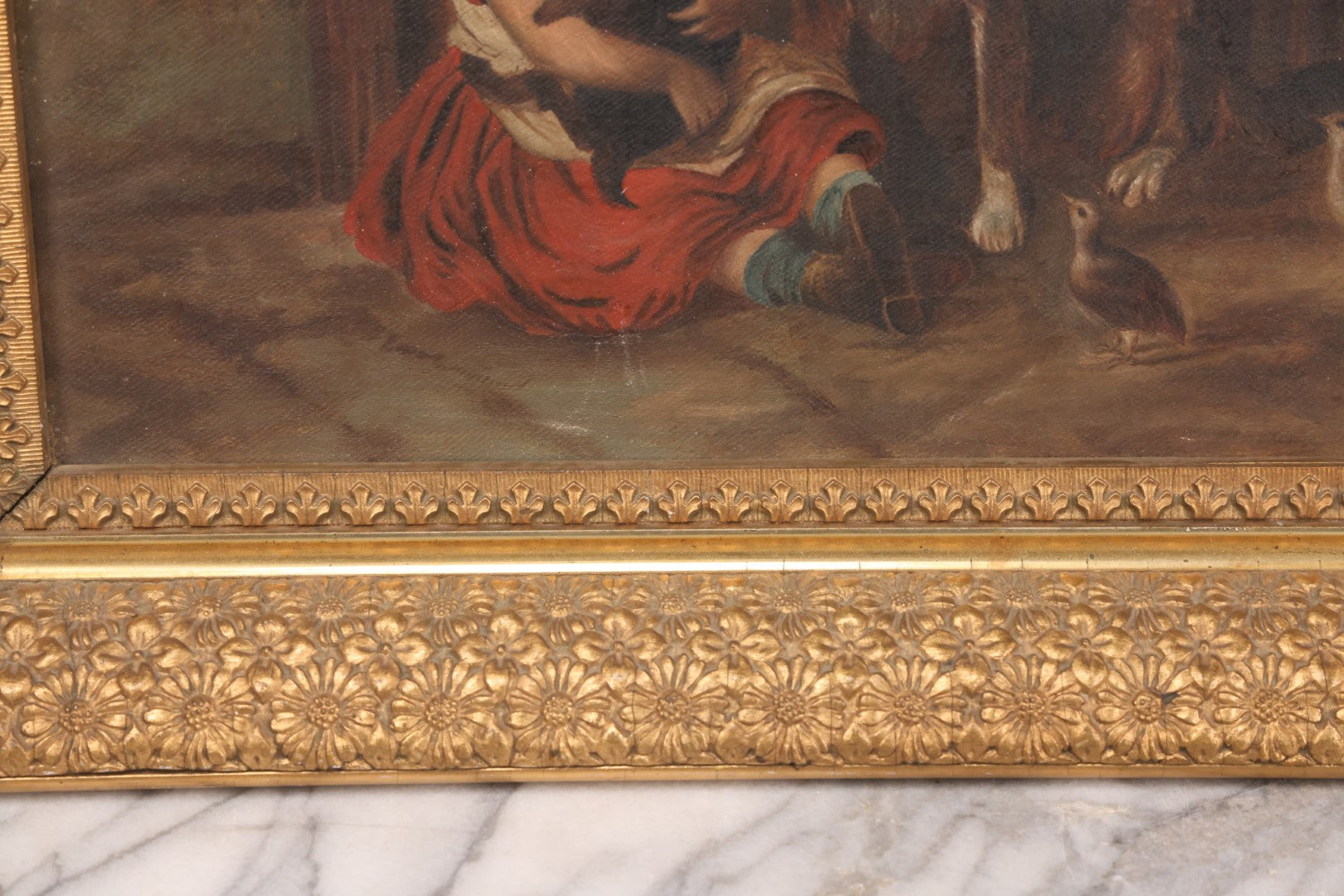 Lot 004 - Antique Oil On Canvas Painting Of Young Girl In Red Dress Holding Puppy With Dog, Spinning Wheel, Birds, In Original Wood Backed Ornate Gesso Gold Painted Frame, Note Frame Losses, 18-1/2" x 14-3/4"