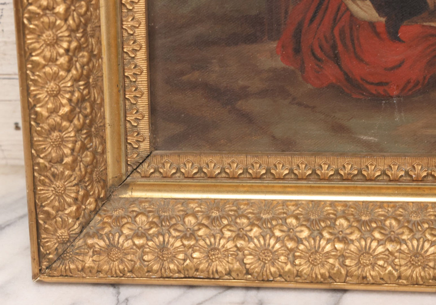 Lot 004 - Antique Oil On Canvas Painting Of Young Girl In Red Dress Holding Puppy With Dog, Spinning Wheel, Birds, In Original Wood Backed Ornate Gesso Gold Painted Frame, Note Frame Losses, 18-1/2" x 14-3/4"