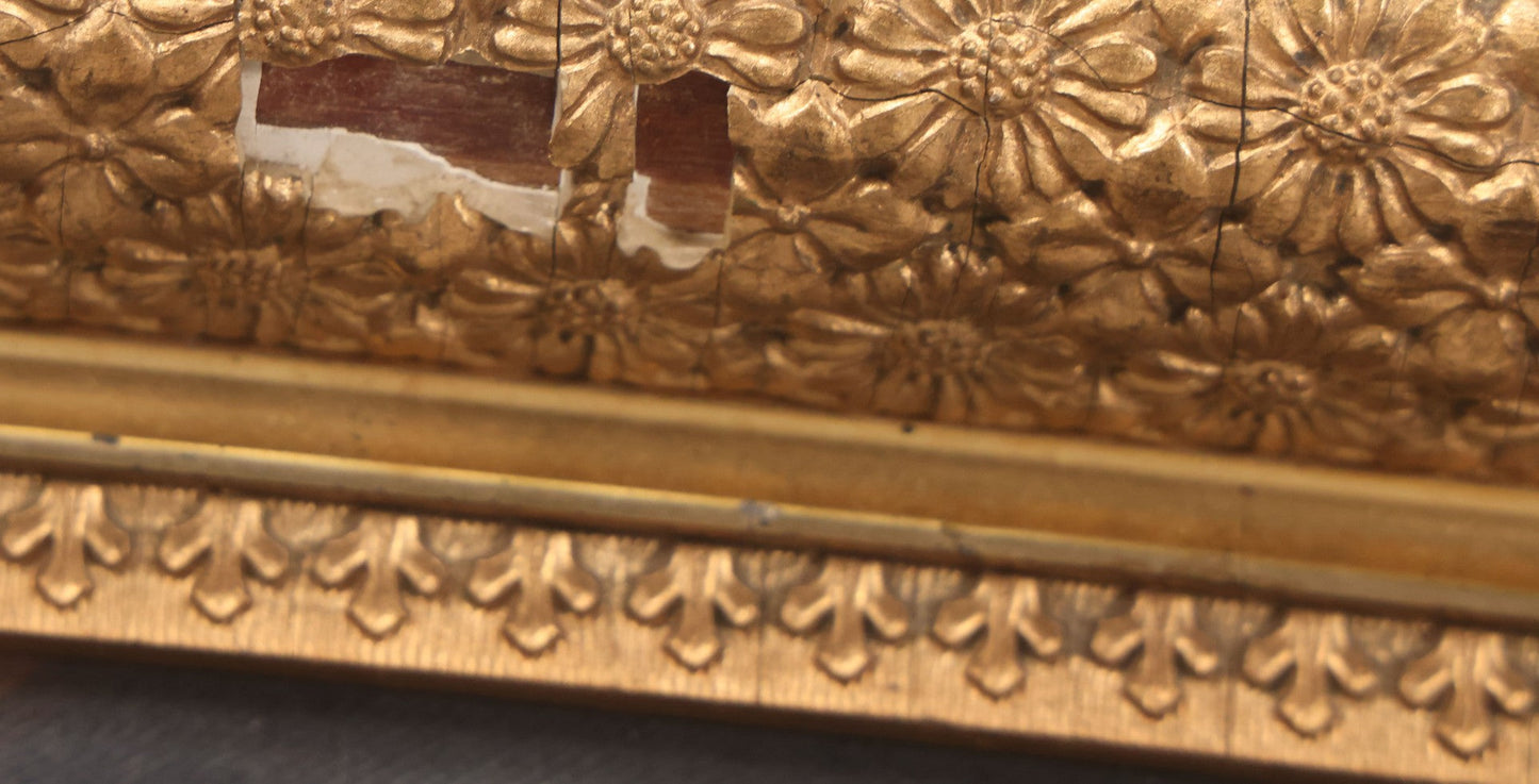 Lot 004 - Antique Oil On Canvas Painting Of Young Girl In Red Dress Holding Puppy With Dog, Spinning Wheel, Birds, In Original Wood Backed Ornate Gesso Gold Painted Frame, Note Frame Losses, 18-1/2" x 14-3/4"